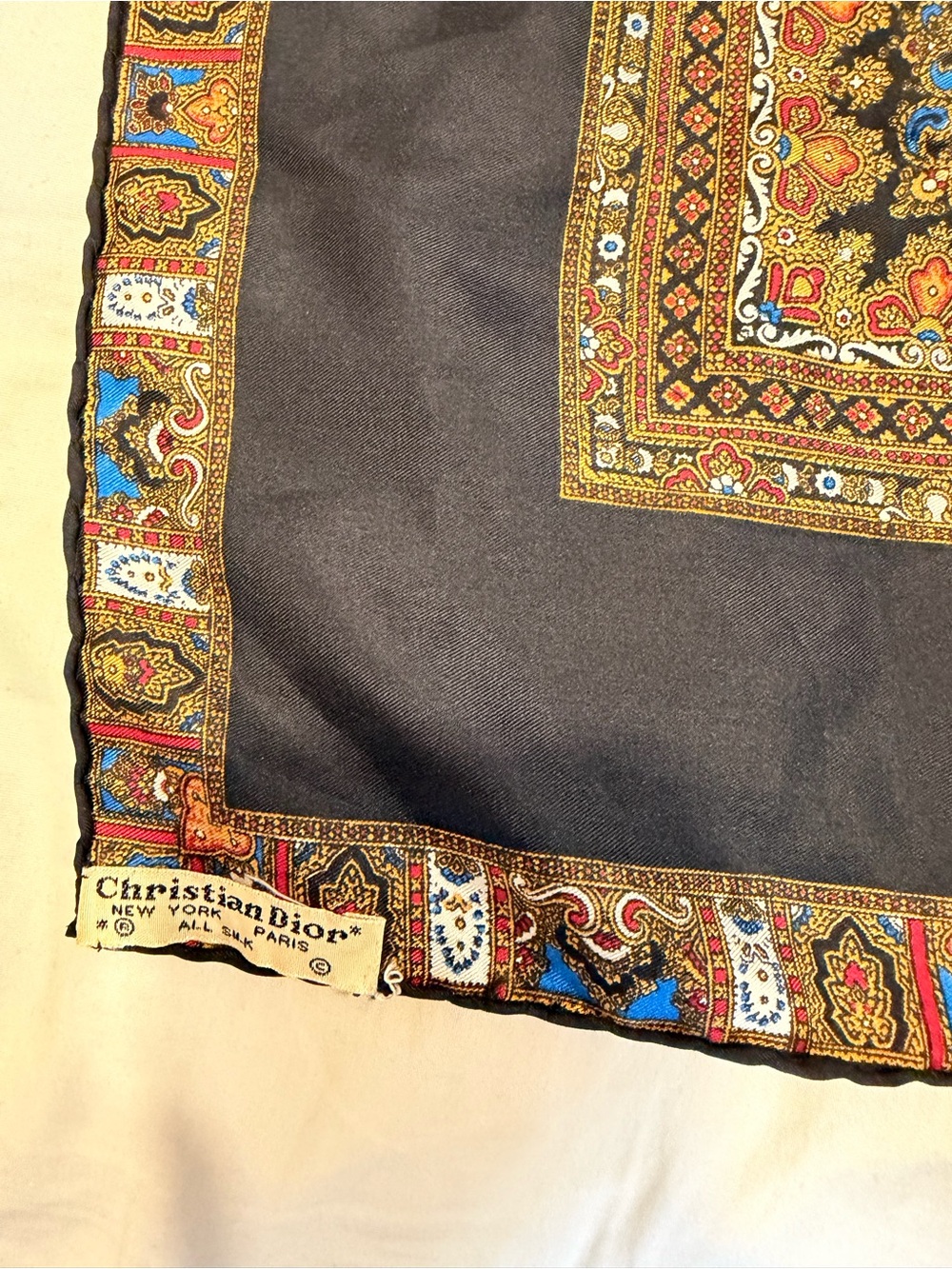 Dior Black Silk Scarf with Gold, Red & Blue Paisley Border - Picture 2 of 5